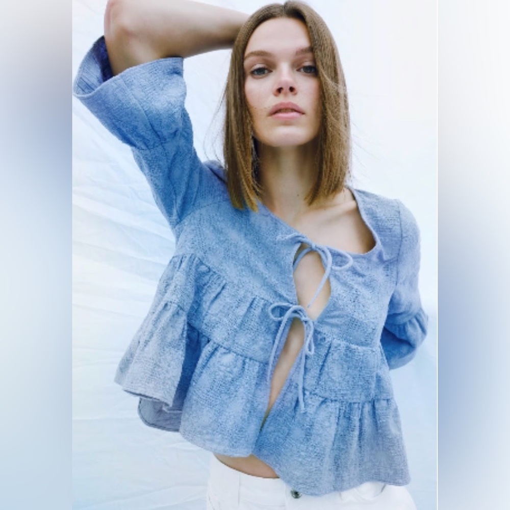 Zara Light Blue Tie-Front Tiered Blouse - Picture 2 of 10